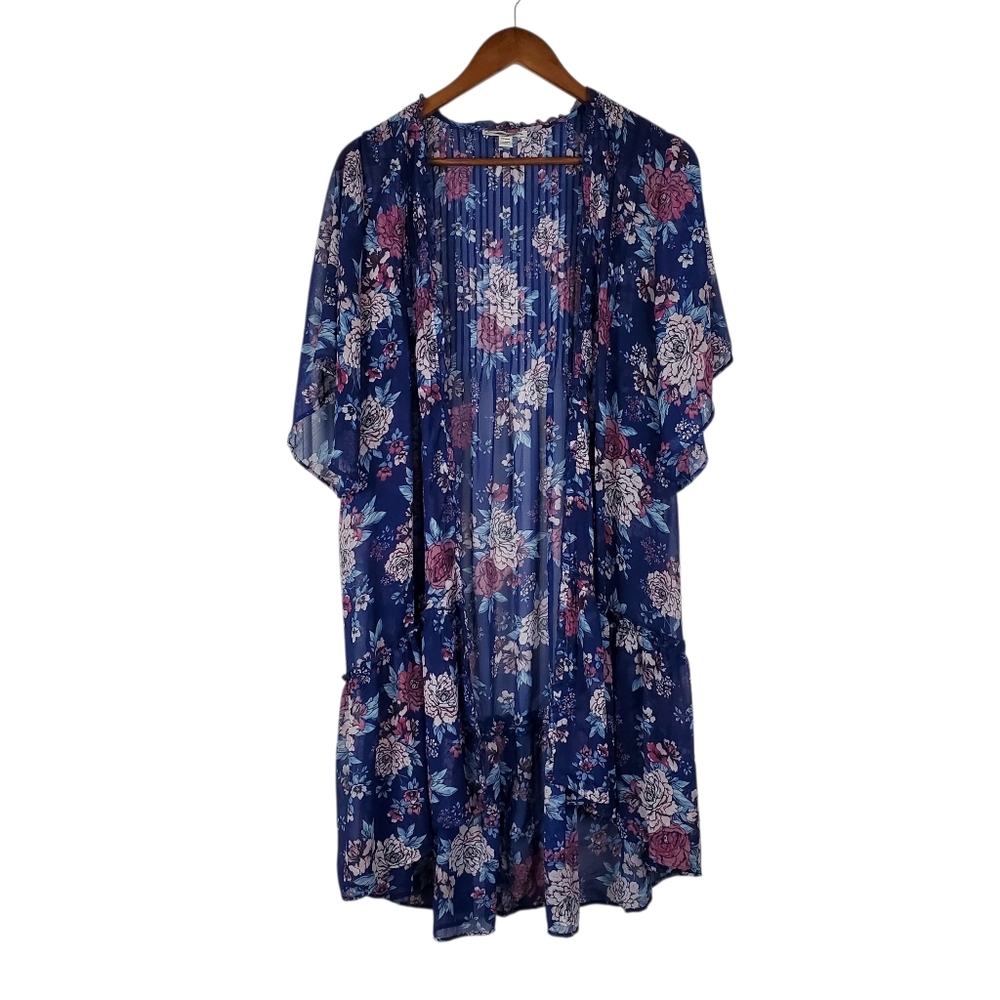 AMERICAN EAGLE Navy Blue Floral Pleated Chiffon Kimono Style Cardigan – Medium